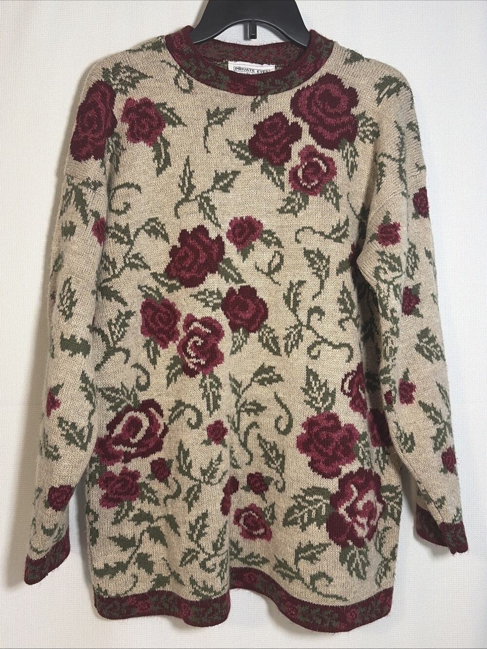 Private Eyes Adele Knit Women’s Large Roses Vintage Tan Burgundy Green